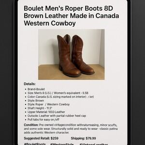 Boulet Mens Roper Boots 8D Brown Leather Western Cowboy Made in‎ Canada